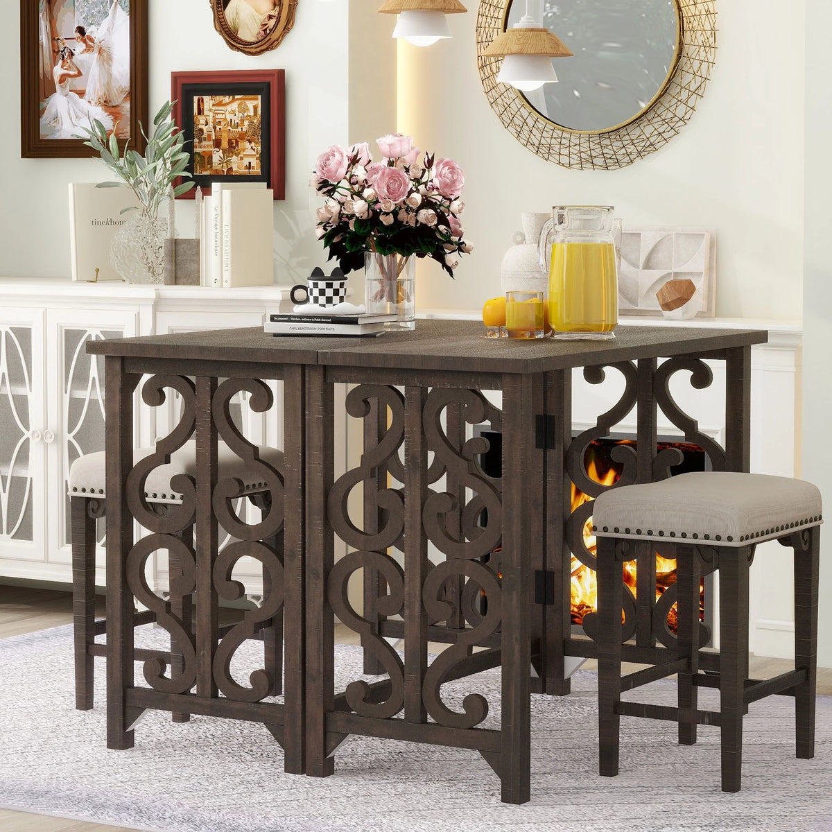 3-Piece Solid Wood Counter Height Dining Set with 2 Saddle Stools V24506