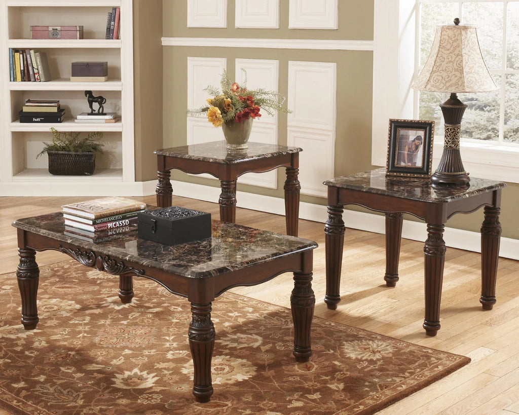 Faux Marble 3-Piece Table Set with Coffee Table and 2 End Tables, Dark Brown W82745