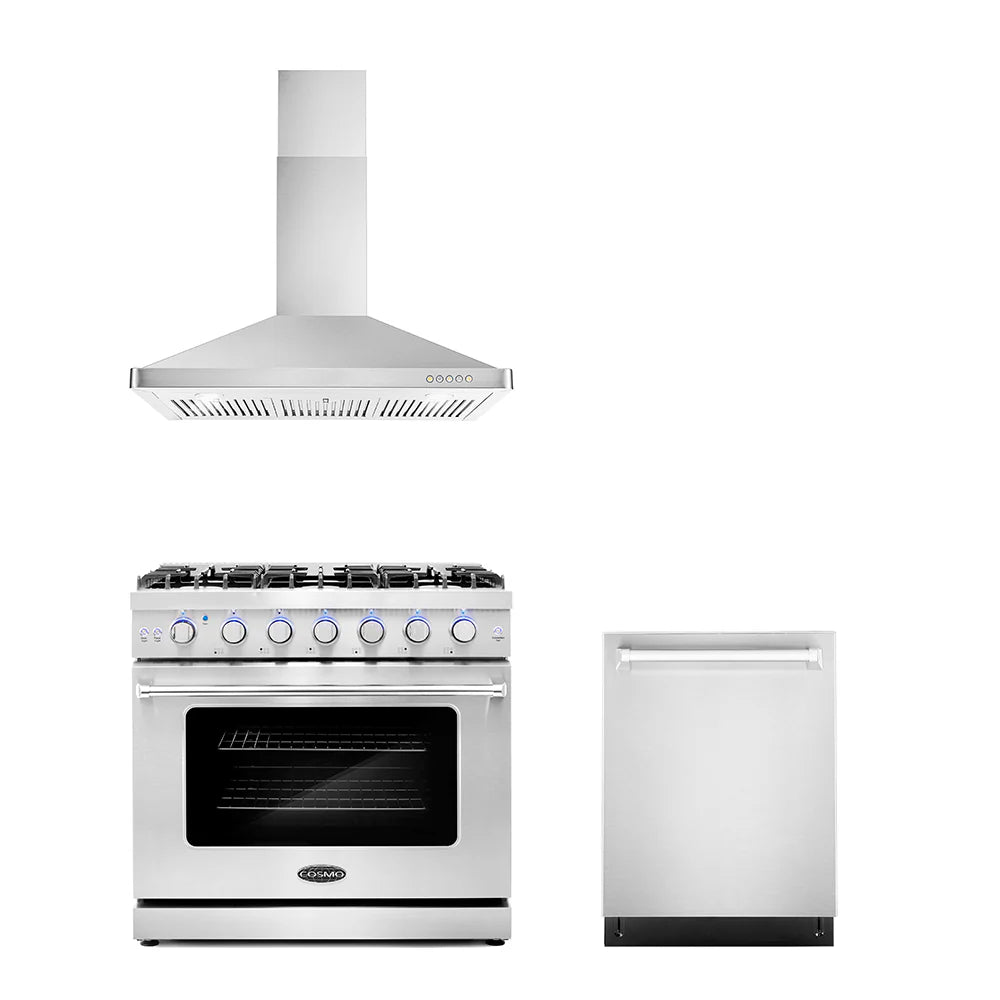 36 Gas Range, Wall Mount Range Hood and Dishwasher J80339