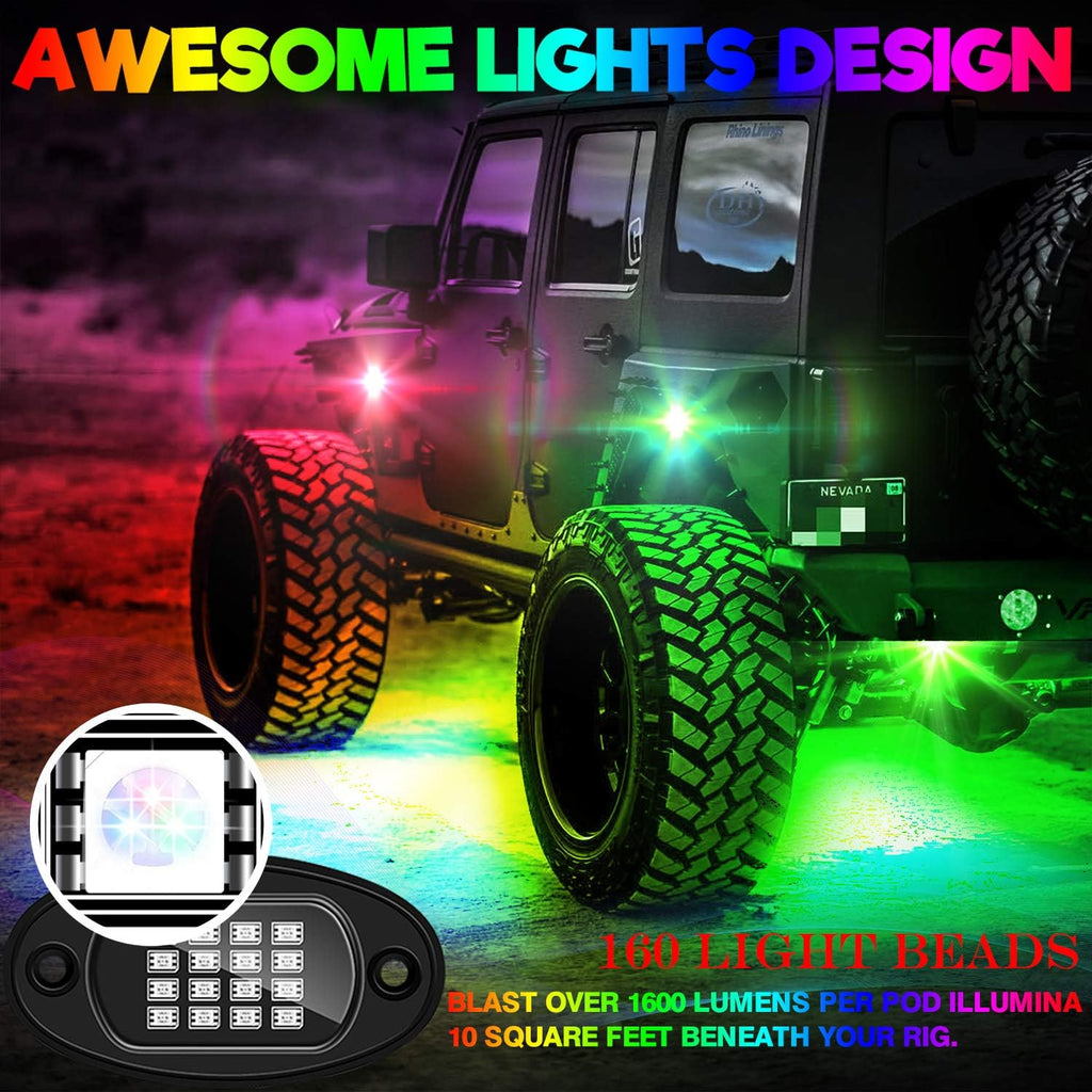10-pods Trucks LED RGB Neon Underglow Rock Lights Kit, Dual-Zone, 160LEDs, 2-in-1 Line, Waterproof 12V, Pack of 2 E1590