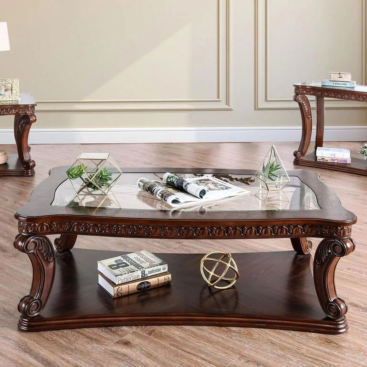 Dark Oak Tempered Glass Top Coffee Table Set 3pcs T560