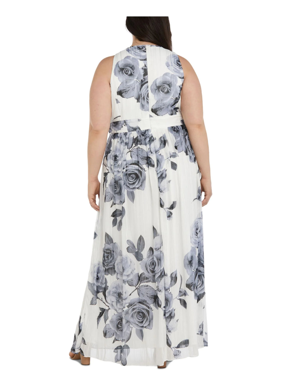 White Metallic Rhinestone Zippered Floral Sleeveless Keyhole Full-Length Formal Gown Dress Plus 22W Q861