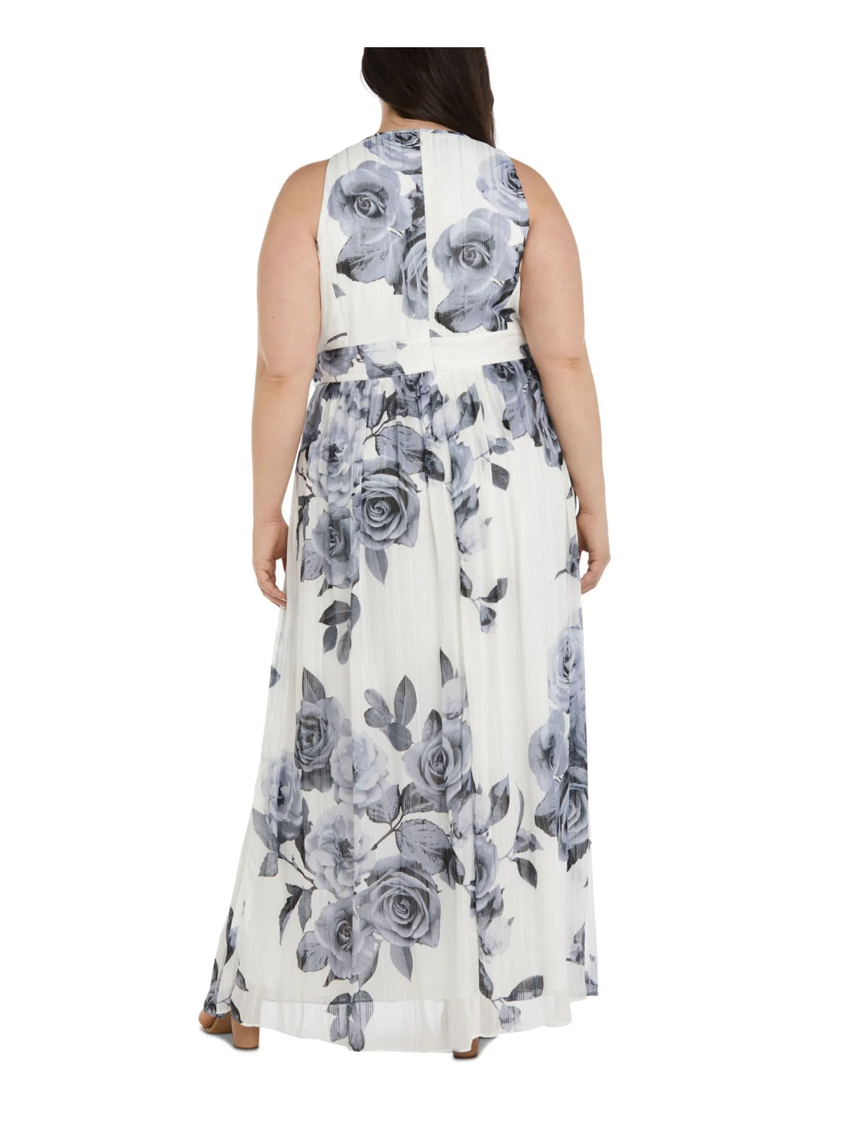 White Metallic Rhinestone Zippered Floral Sleeveless Keyhole Full-Length Formal Gown Dress Plus 22W Q861