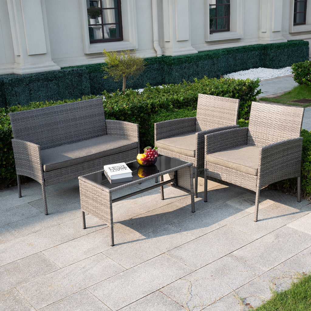 4 Piece Wicker Patio Conversation Furniture Set with Glass-Top Coffee Table & Gray Cushions L518