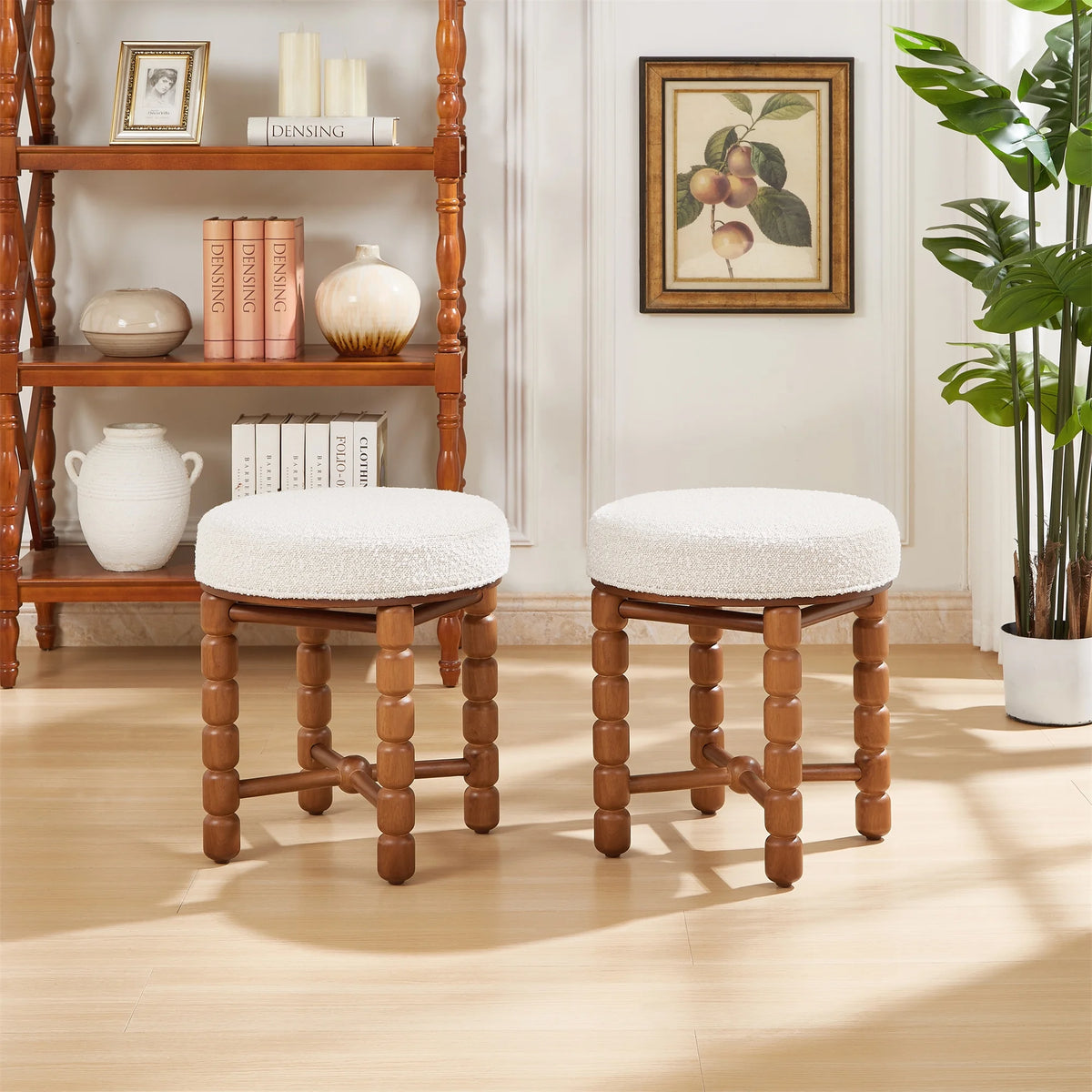 White Upholstered Boucle Vanity Stool with Wood Legs G336