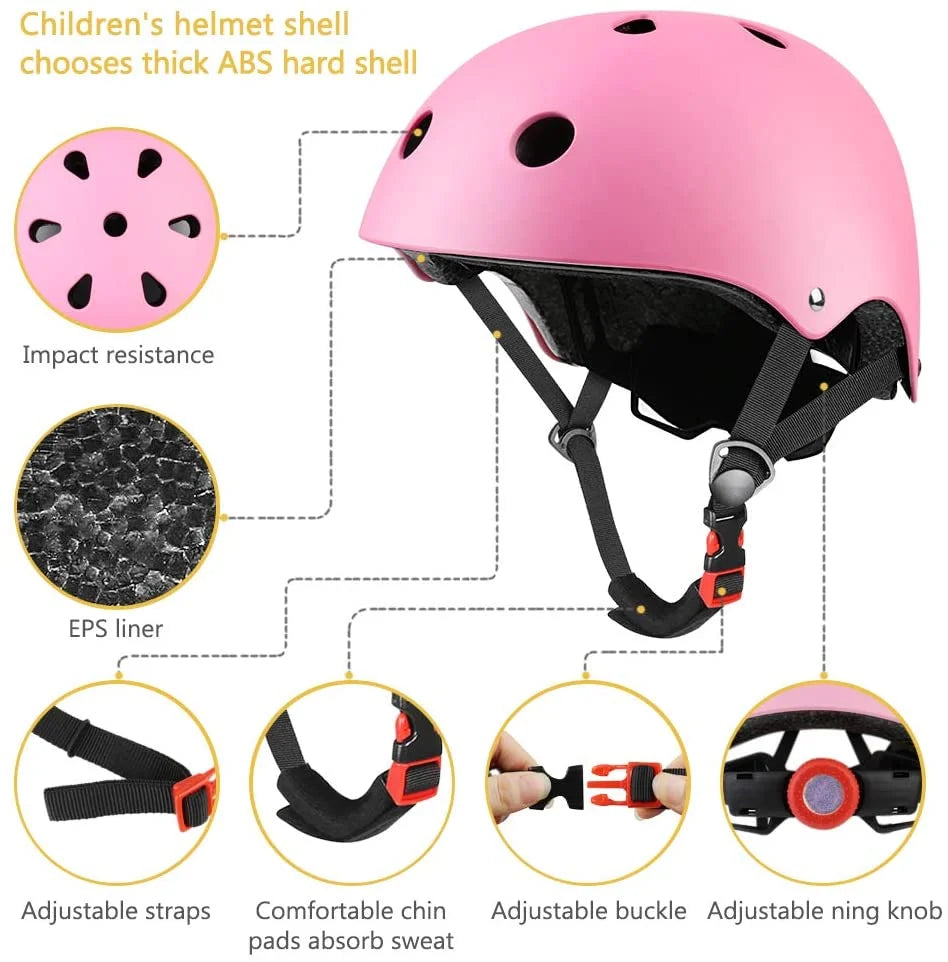 Kids Bike Helmet with Knee Elbow Wrist Pads, Pink J175