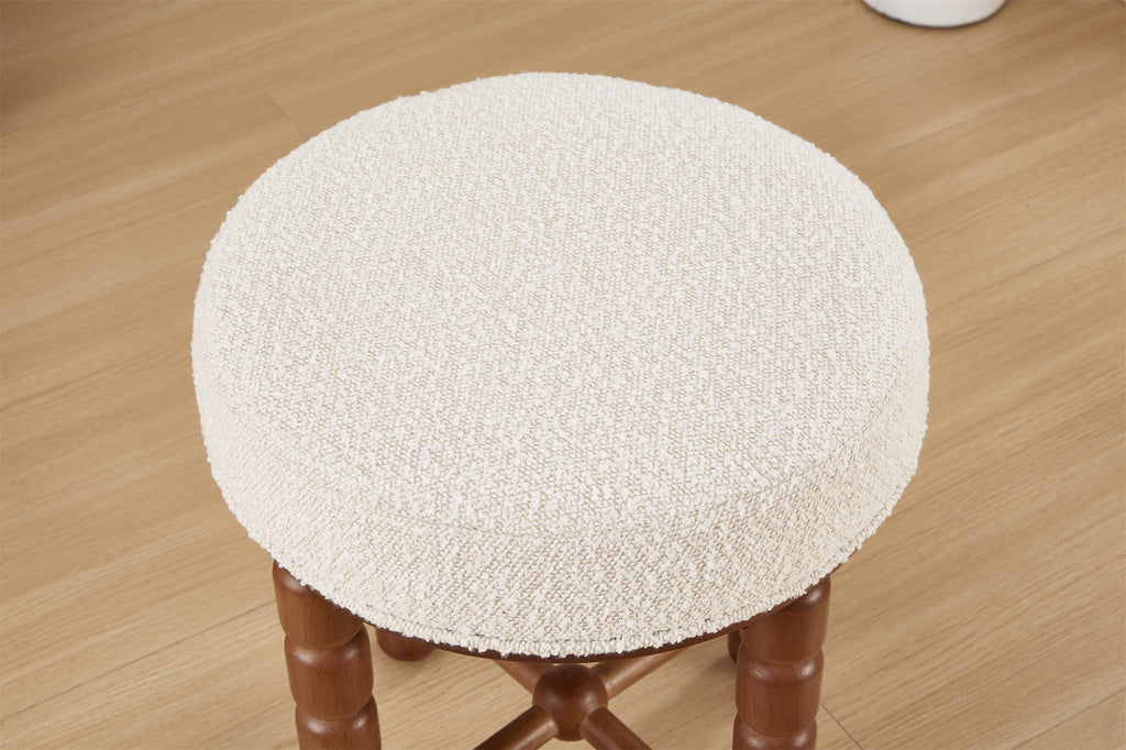 White Upholstered Boucle Vanity Stool with Wood Legs G336