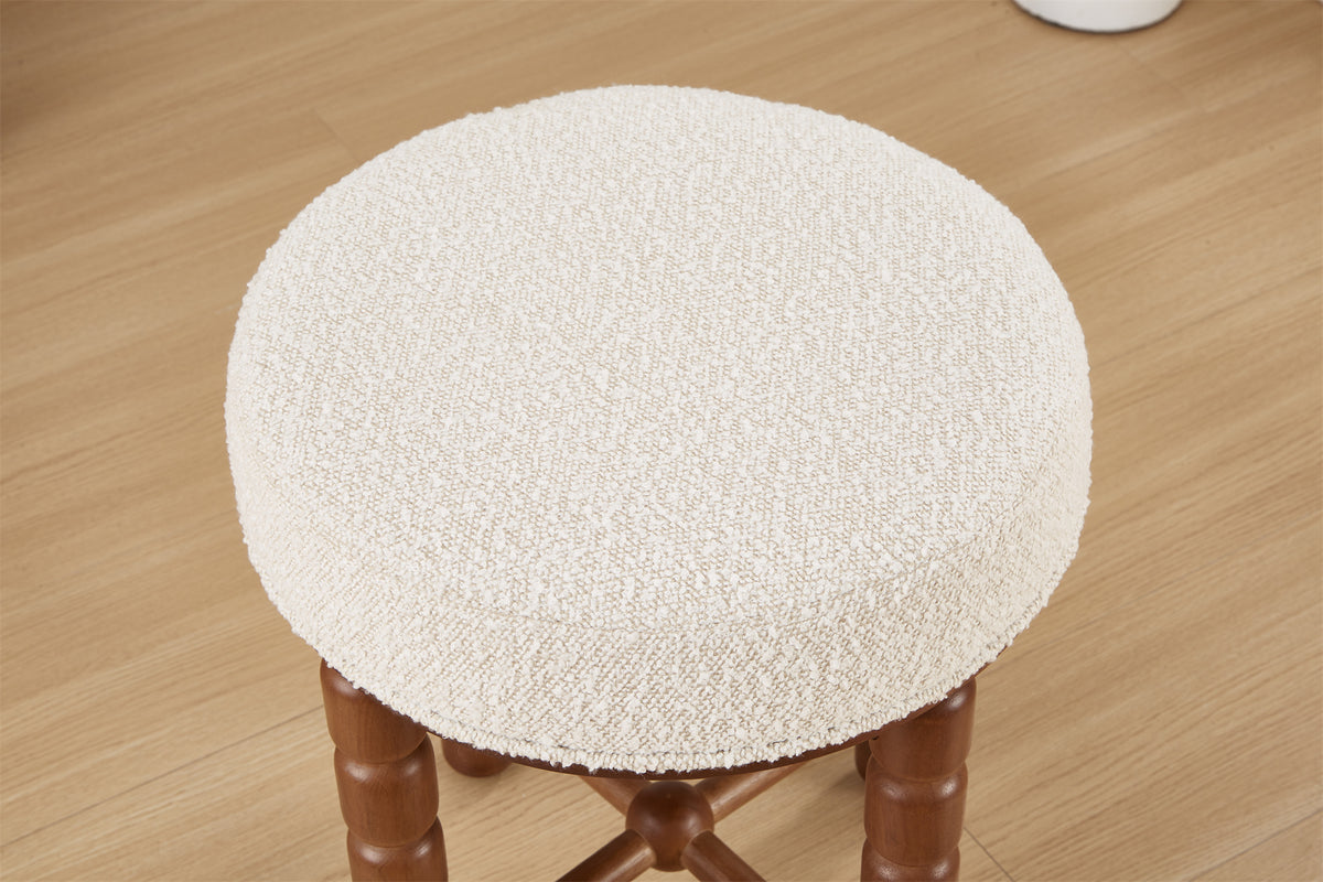 White Upholstered Boucle Vanity Stool with Wood Legs G336