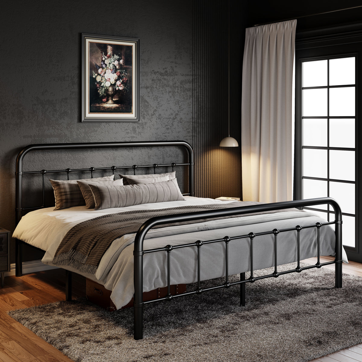 Queen Size Black Metal Platform Bed Frame with Headboard Y932803