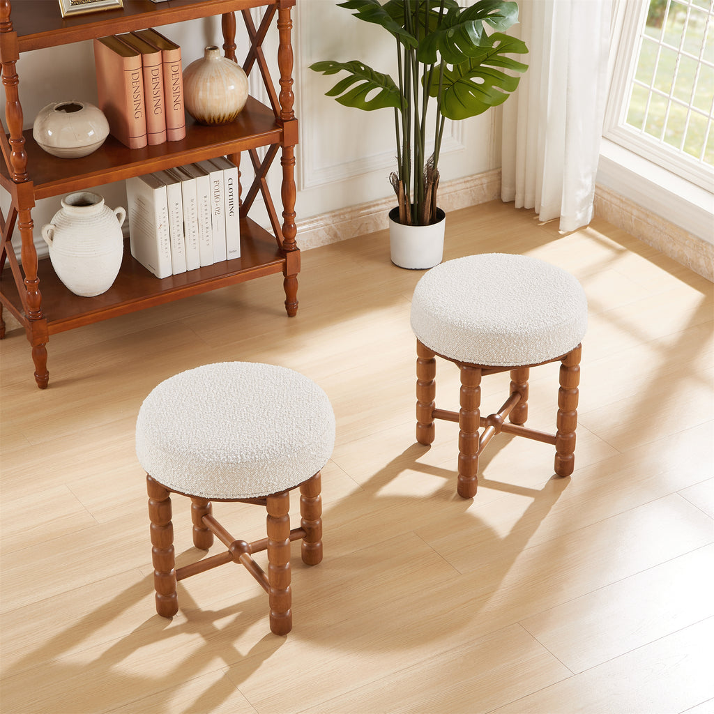 White Upholstered Boucle Vanity Stool with Wood Legs G336