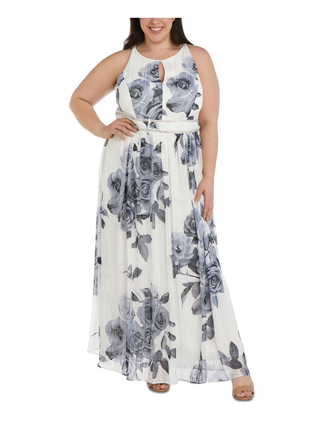 White Metallic Rhinestone Zippered Floral Sleeveless Keyhole Full-Length Formal Gown Dress Plus 22W Q861