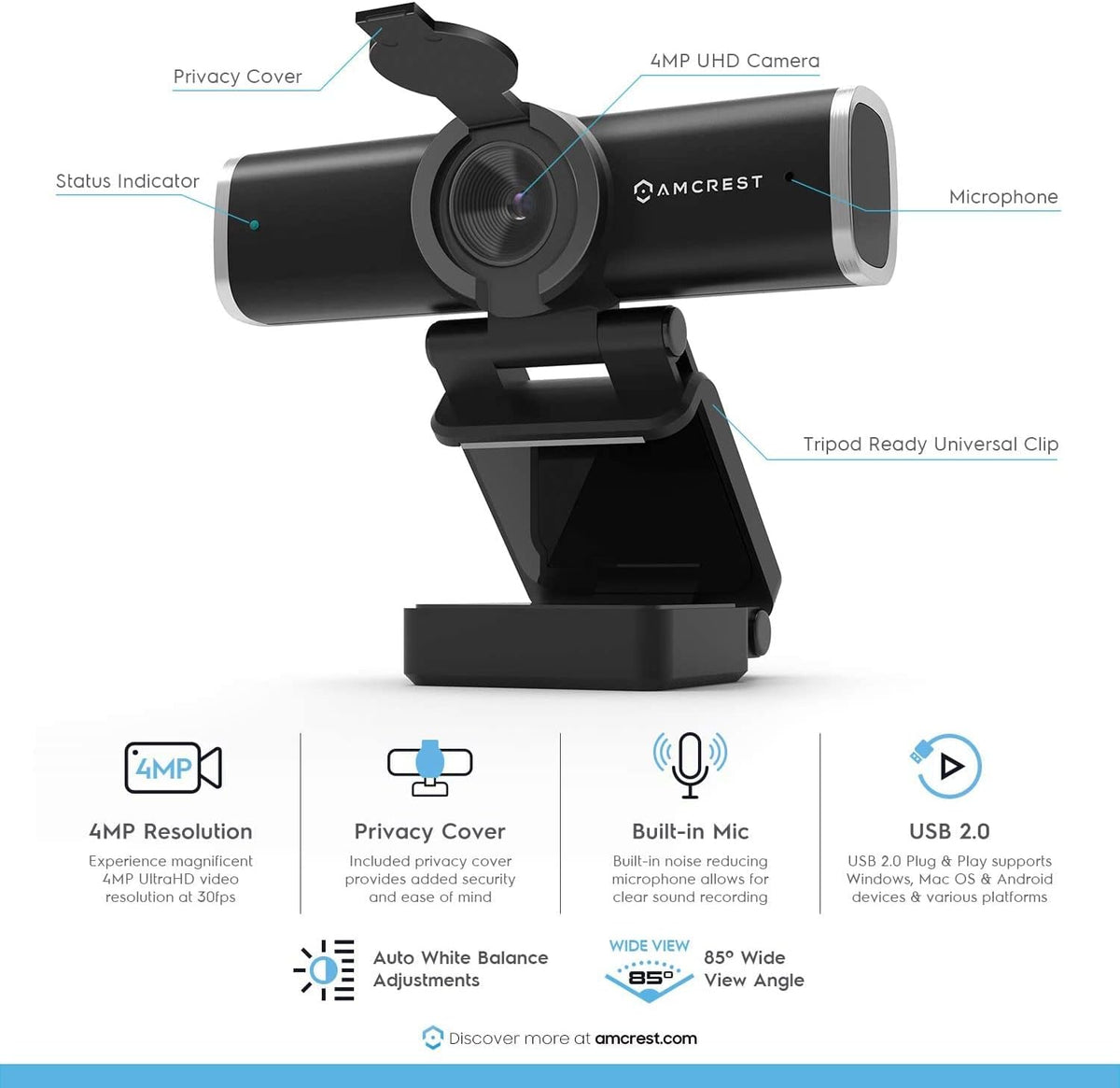 4-Megapixel USB Webcam with Microphone & Privacy Cover, Pack of 2 D425848