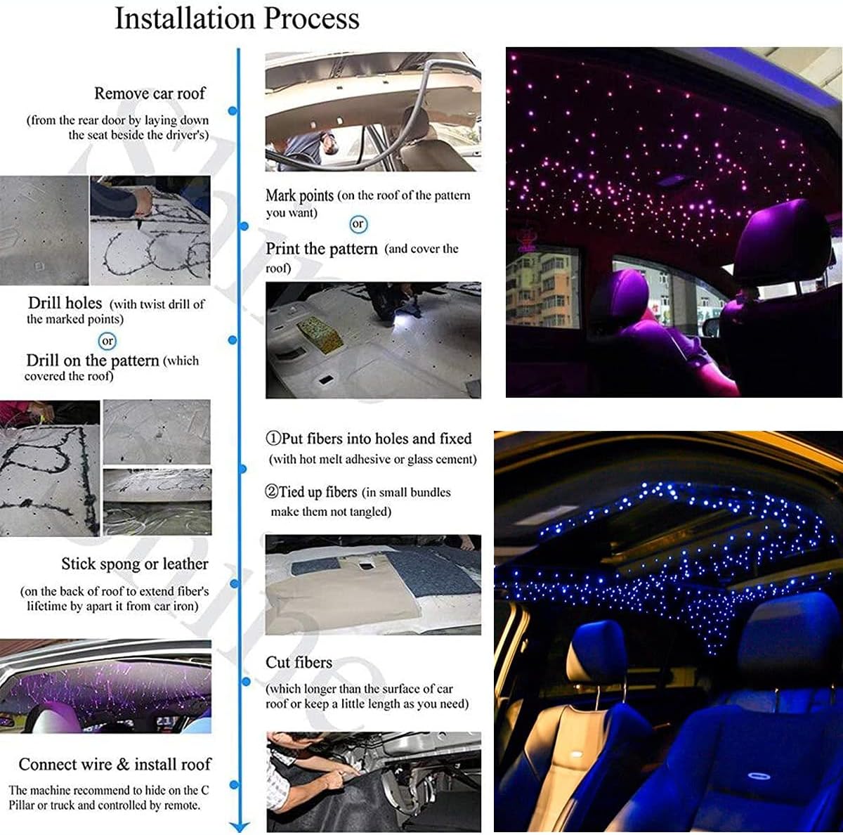Car Use Bluetooth 6W RGB LED Fiber Optic Star Ceiling Light Kit APP Remote Controller 150pcs 0.03in 6.5ft Optic Cable Music Mode Sensory Lighting M73983
