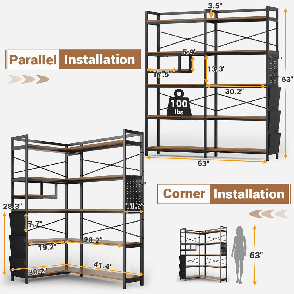 5-Tier Convertible Corner Bookshelf with Storage Y454450