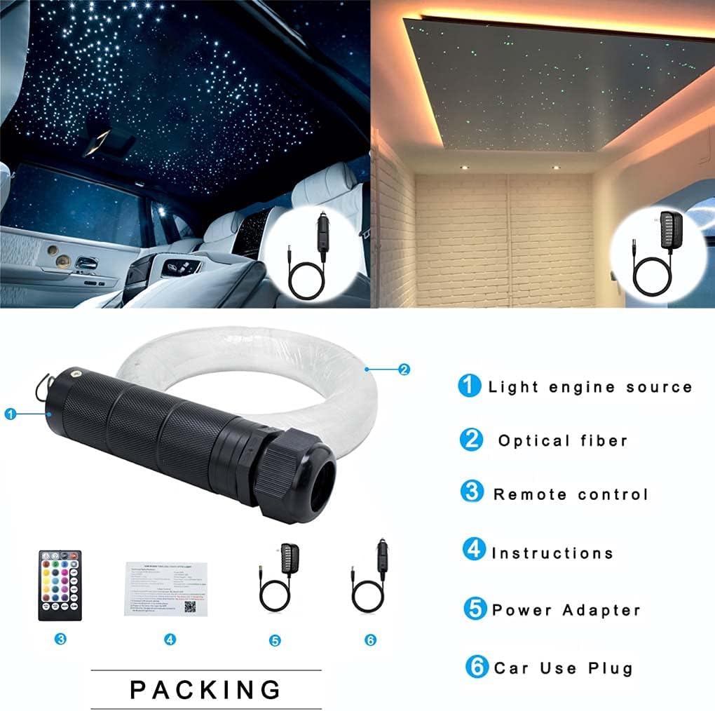 Car Use Bluetooth 6W RGB LED Fiber Optic Star Ceiling Light Kit APP Remote Controller 150pcs 0.03in 6.5ft Optic Cable Music Mode Sensory Lighting M73983