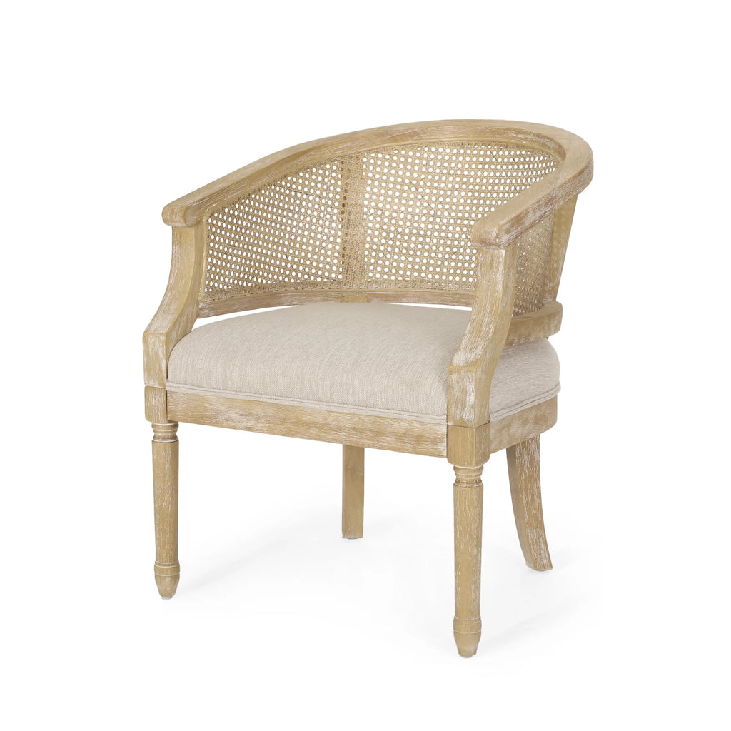 Beige Fabric Upholstered Wood and Cane Accent Chair X14737