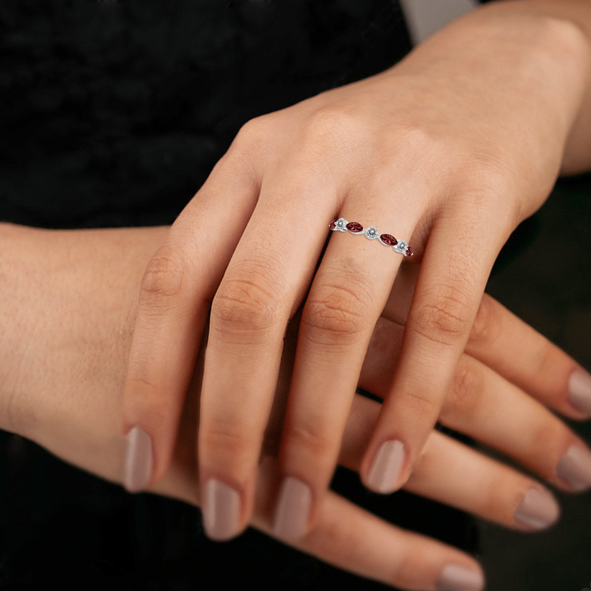 10K White Gold Marquise Garnet and Diamond Wedding Band G2991