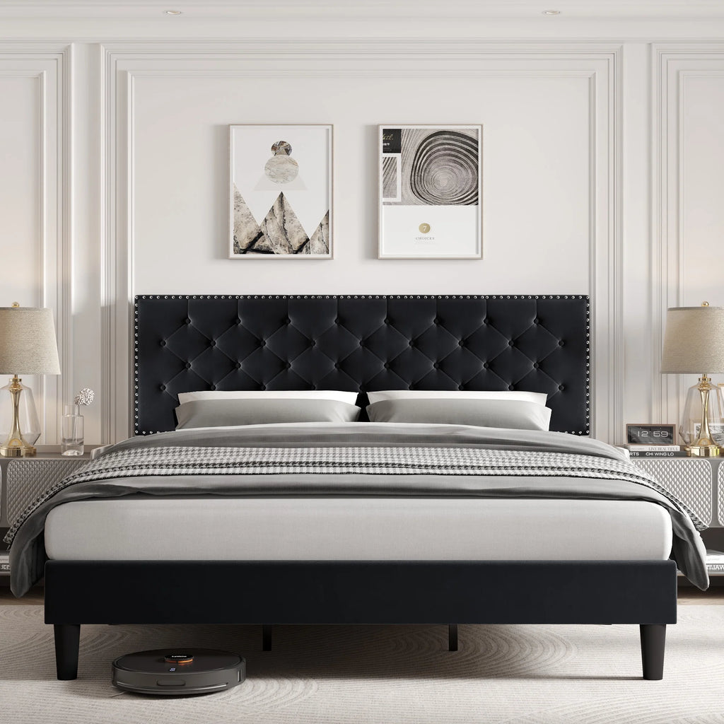 King Size Upholstered Platform Bed with Adjustable Headboard W731