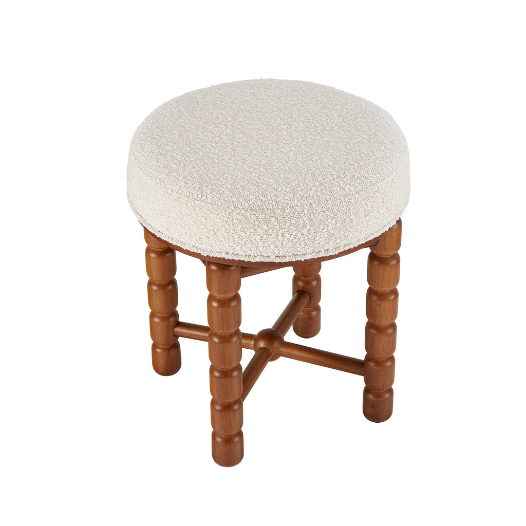 White Upholstered Boucle Vanity Stool with Wood Legs G336