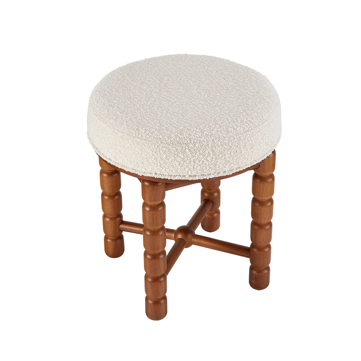 White Upholstered Boucle Vanity Stool with Wood Legs G336