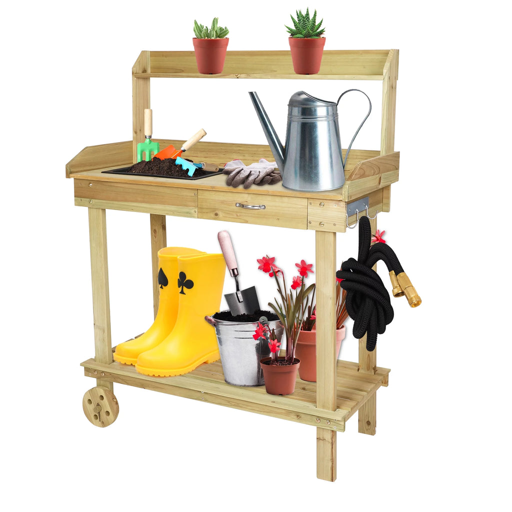 Wooden Potting Bench Table with Wheels and Drawer B651712