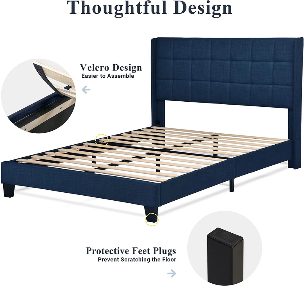 Queen Size Wingback Fabric Upholstered Platform Bed Frame G360152