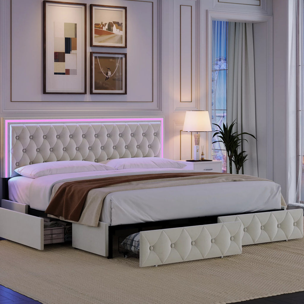 Queen LED Platform Bed Frame with 4 Storage Drawers V5747