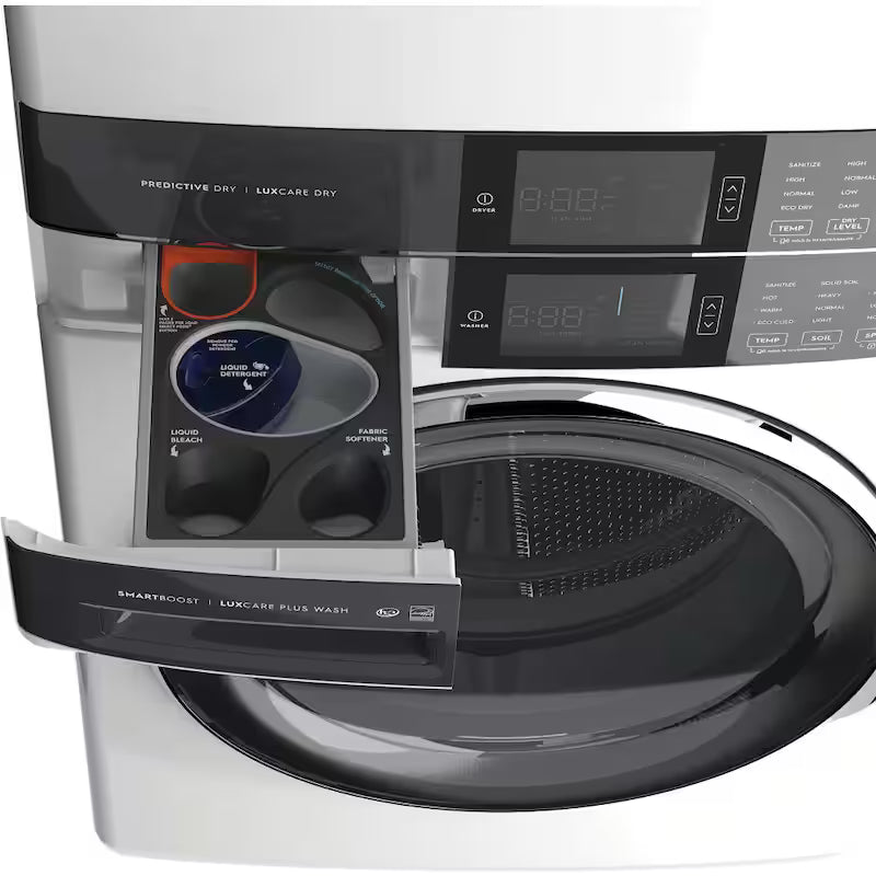White Stacked Washer and Gas Dryer Laundry Tower T807