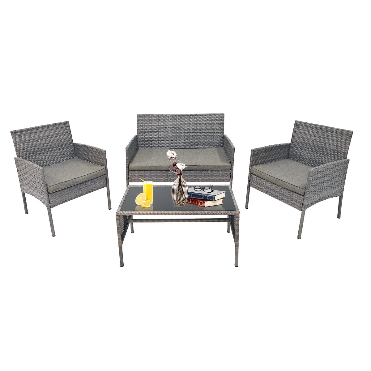 4 Piece Wicker Patio Conversation Furniture Set with Glass-Top Coffee Table & Gray Cushions L518