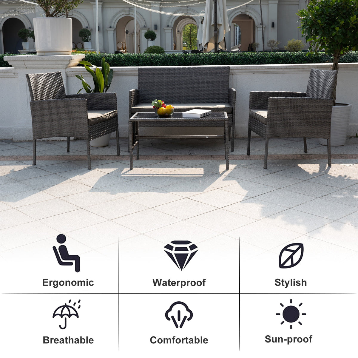 4 Piece Wicker Patio Conversation Furniture Set with Glass-Top Coffee Table & Gray Cushions L518