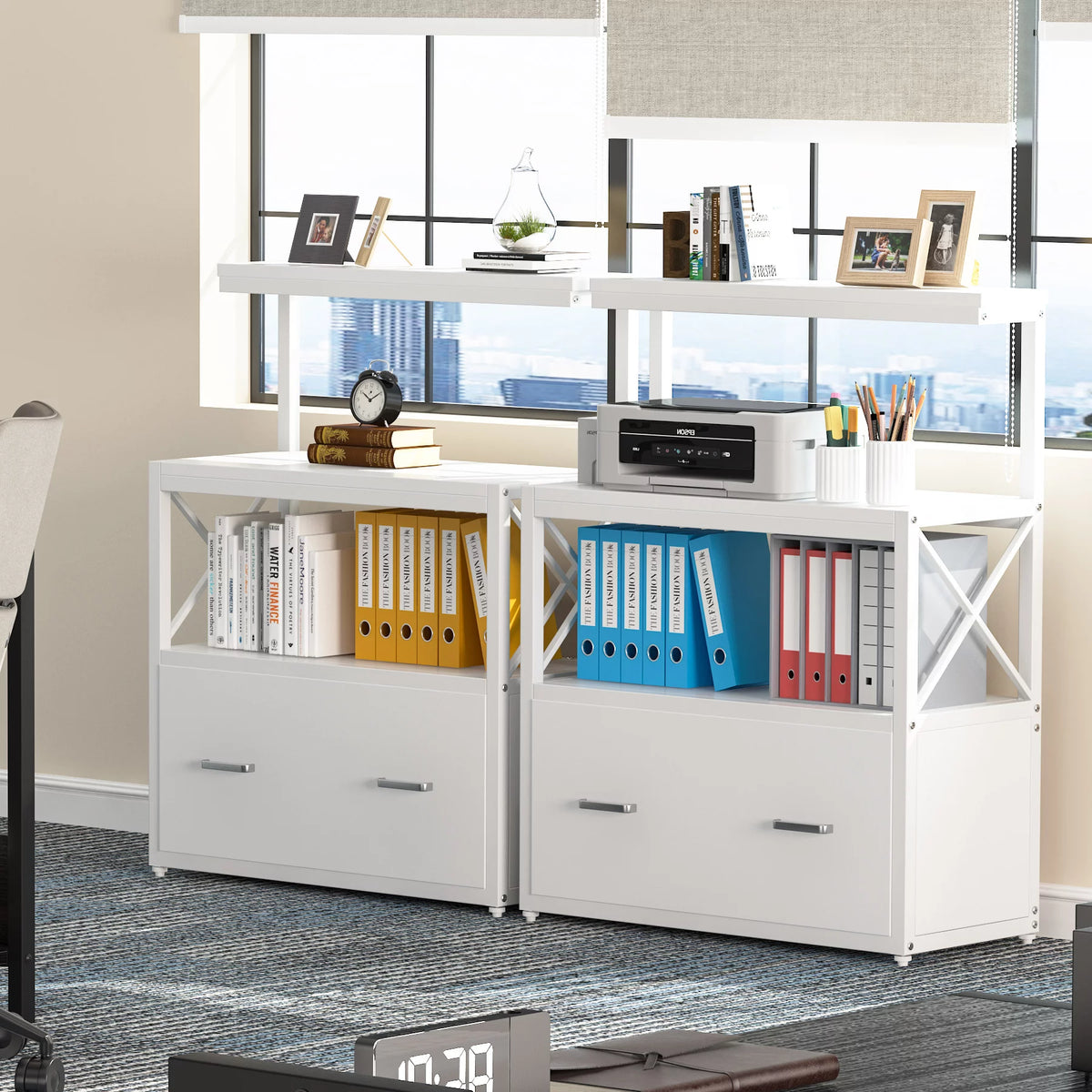 White Modern File Cabinet with Drawer and 2 Shelves B39927