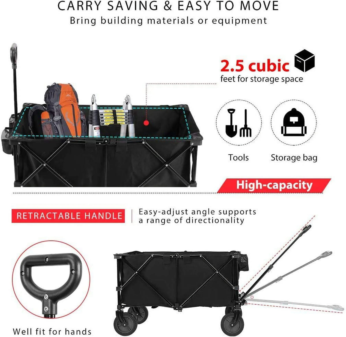Collapsible Folding Wagon Cart with 2 Drink Holders, 176lbs Z394377