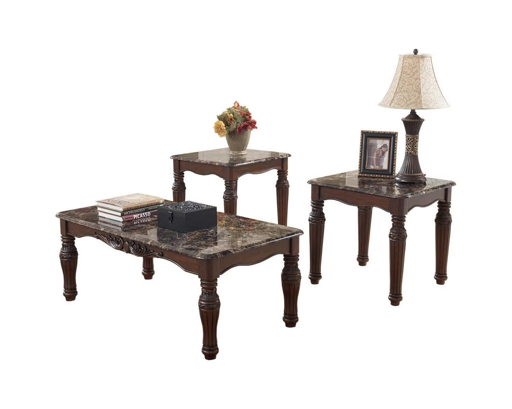 Faux Marble 3-Piece Table Set with Coffee Table and 2 End Tables, Dark Brown W82745