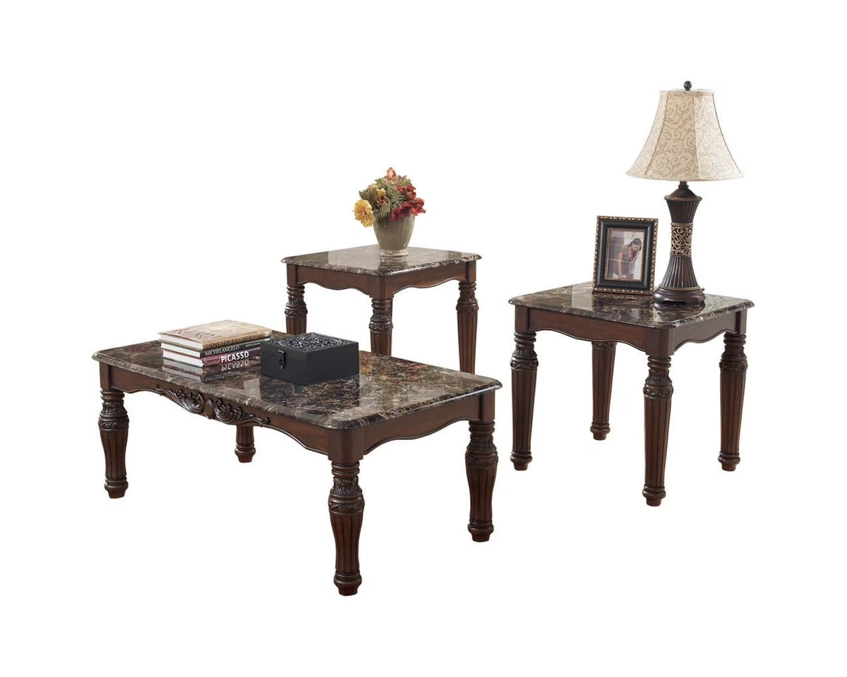 Faux Marble 3-Piece Table Set with Coffee Table and 2 End Tables, Dark Brown W82745