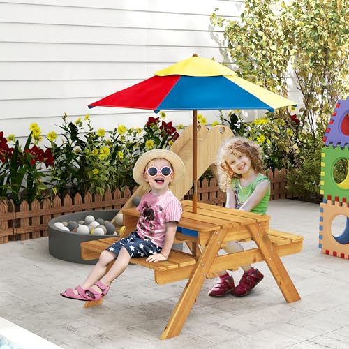 Kids Picnic Table with Foldable Umbrella, 3 in 1 Sand and Water Activity Table Y215