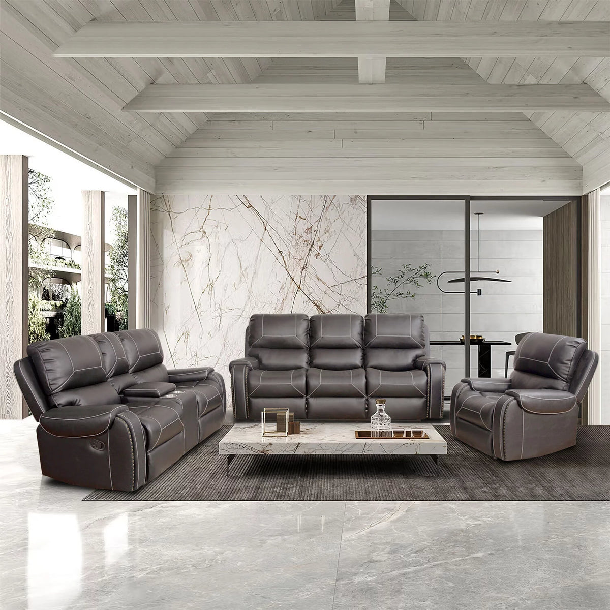 3-Seater Reclining Faux Leather Sofa with Drop-Down Table and Cup Holders Q79136