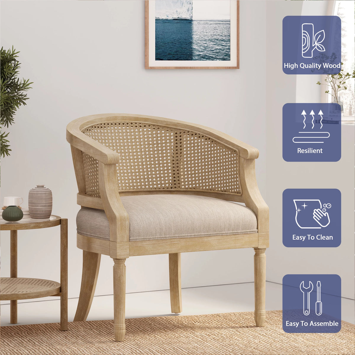 Beige Fabric Upholstered Wood and Cane Accent Chair X14737