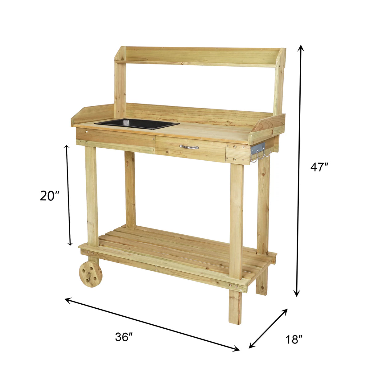 Wooden Potting Bench Table with Wheels and Drawer B651712