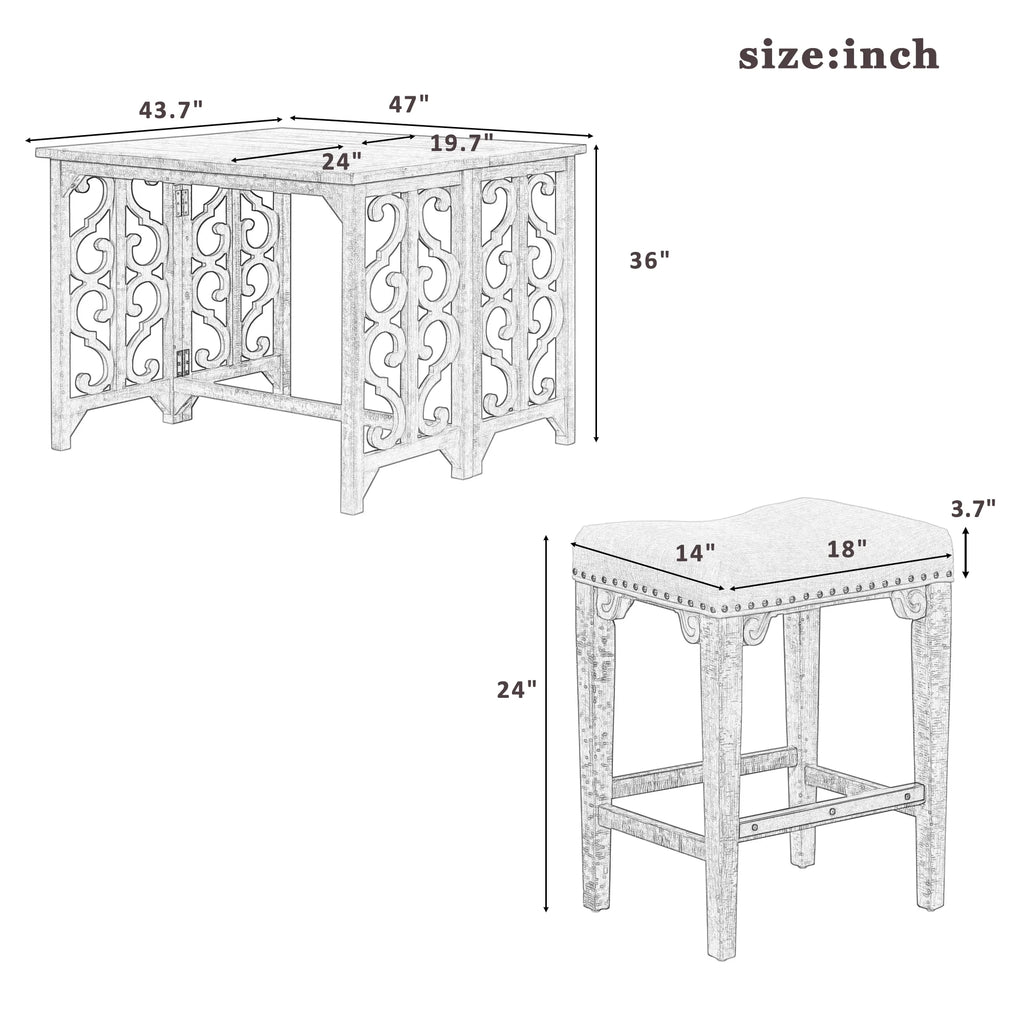 3-Piece Solid Wood Counter Height Dining Set with 2 Saddle Stools V24506